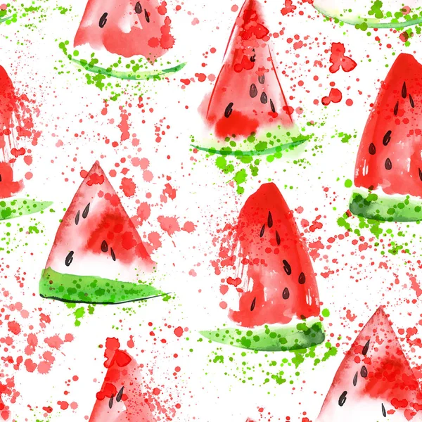 Watermeloen segment naadloze patroon met spatten. Zomer watermeloen achtergrond — Stockvector