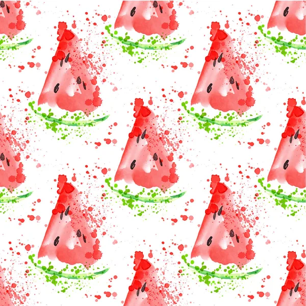 Watermeloen segment naadloze patroon met spatten. Zomer watermeloen achtergrond — Stockvector