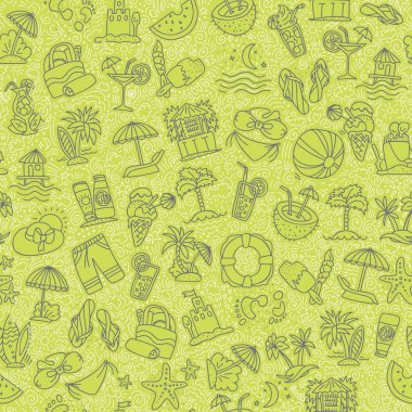 Yaz, seyahat ve plaj siyah ve beyaz renklerde seamless modeli kroki. El çizmek öğeleri dekorasyonu ile beyaz arka plan üzerinde seyahat. Palm, yaz desen