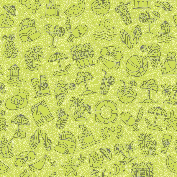 Yaz, seyahat ve plaj siyah ve beyaz renklerde seamless modeli kroki. El çizmek öğeleri dekorasyonu ile beyaz arka plan üzerinde seyahat. Palm, yaz desen