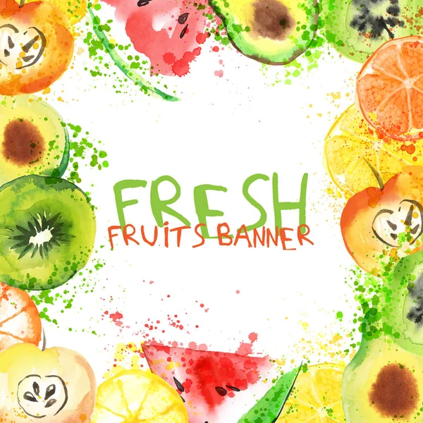 Färsk frukt akvarell banner. Börjar äpple, citrus, avokado och qiwi i en banner med stänk. Hälsosam livsstil bannner med frukt och juice splash — Stock vektor