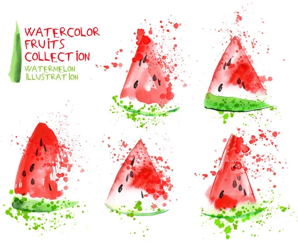 Watermelon slice set. Watercolor hand draw collection, slice and splashes — Stock Vector