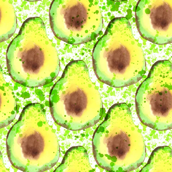Avokado segment sömlösa mönster med stänk. Sommaren avokado repeterbara bakgrund. Hälsosam mat upprepas. Akvarell hand Rita art avokado mönster med stänk, droppar. — Stock vektor