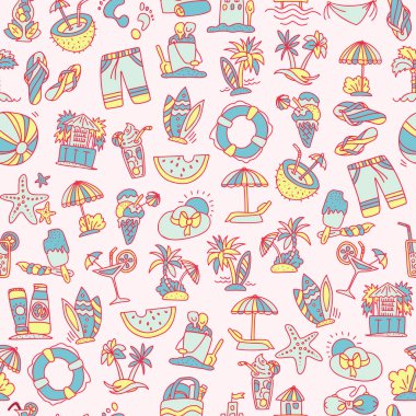 Yaz, seyahat ve plaj siyah ve beyaz renklerde seamless modeli kroki. El çizmek öğeleri dekorasyonu ile beyaz arka plan üzerinde seyahat. Palm, yaz desen