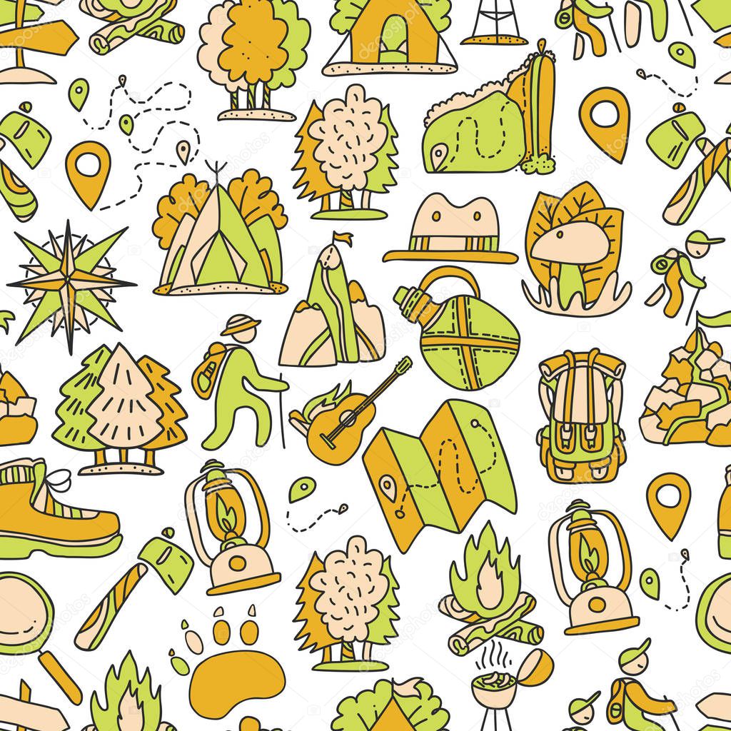 Hiking and trekking travel seamless pattern. Endless repeatable background with cartooning traveling elements about camping, vacation and wild life. Woods, forest and outdoor adventure background