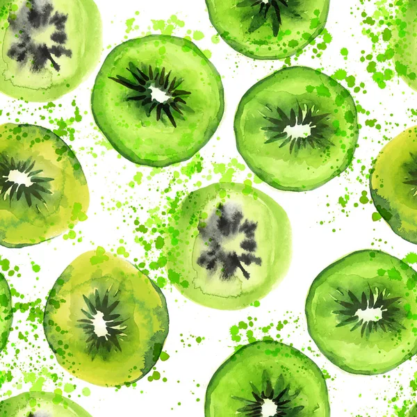 Fatia Qiwi mão sem costura desenhar padrão de arte com respingos de aquarela. Fruta de verão qiwi repetir fundo com verde redondo qiwi fatias e elementos aquarela —  Vetores de Stock