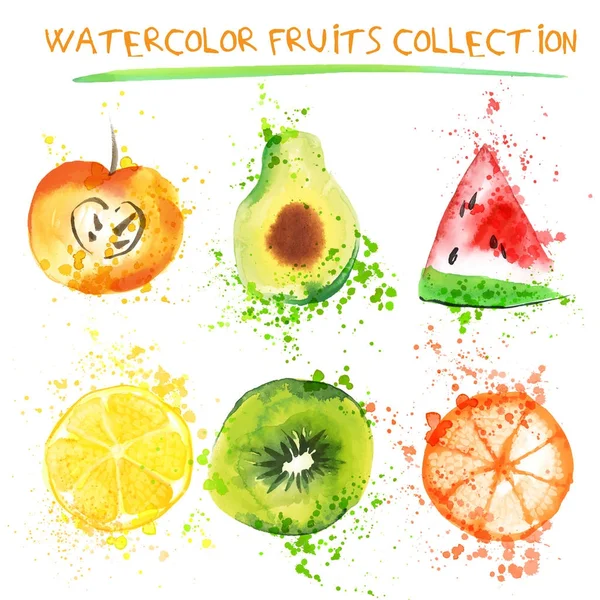 Sada akvarel objektů čerstvé ovoce. Watercolored jablko, citrusům, avokáda a qiwi v jedné kolekci umění s šplouchání. Zdravý životní styl s ovoce a šťávy splash — Stockový vektor
