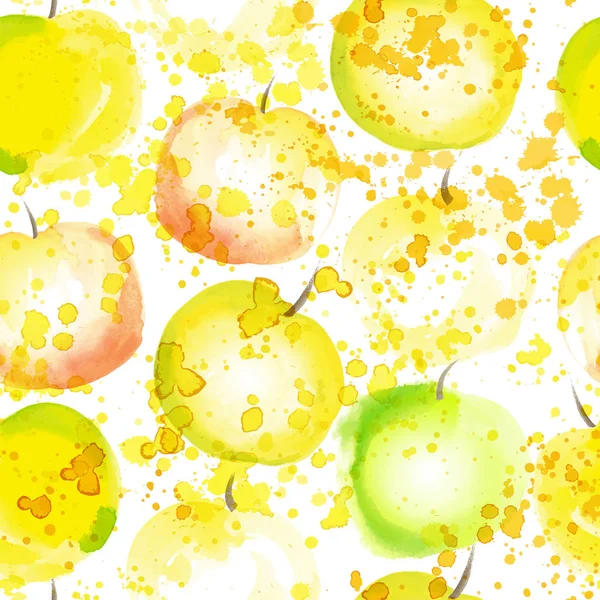 Apple segment naadloze patroon met spatten. Zomer appels watercolored hand tekenen kunst achtergrond. Vers fruit herhaalbare patroon, gezonde levensstijl en sappige patroon — Stockvector