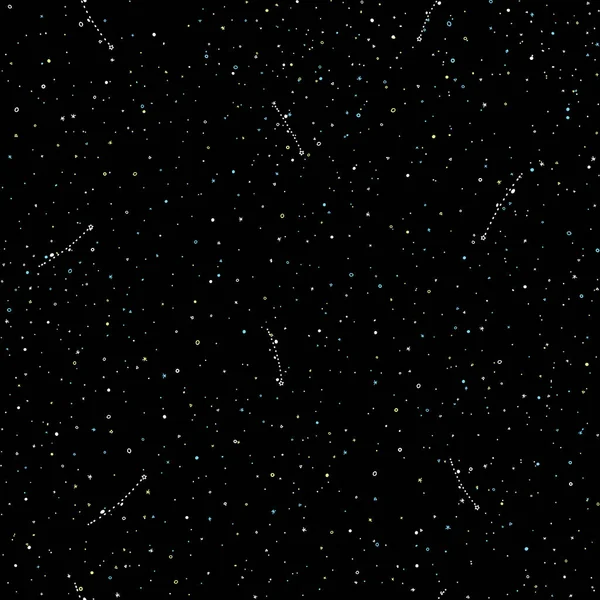 Рука звездного неба рисует бесшовный узор, каракули и кресты в стиле галактики и звезд - бесконечный фон с падающими звездами. Галактический фон звездного ночного неба, пространство повторяется бесшовно — стоковый вектор