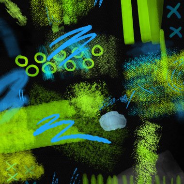 Soyut geometrik 80s ve 90s el siyah arka plan üzerine desen çizin. suluboya fırça boya desen. Soyut desen tasarımı, kart, baskı, ev dekor için. Siyah, yeşil ve mavi arka planı için 