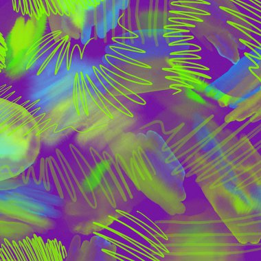 Soyut geometrik 80s ve 90s Neon ele glamour model kaçışını renklerle çekin. Neon suluboya fırça boya glam deseni kızlar için. Suluboya çizgiler, noktalar ile modern retro neon desen. Glamour