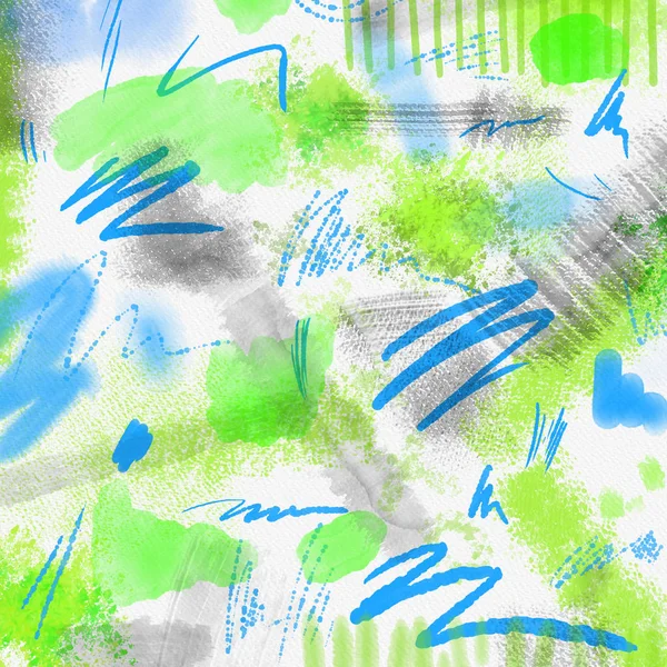 Watercolor splashed abstract spring geometrical background. Spring background in light green and blue colors with hand draw splashes, lines and textures. Bright spring geometry pattern — Stock Photo, Image