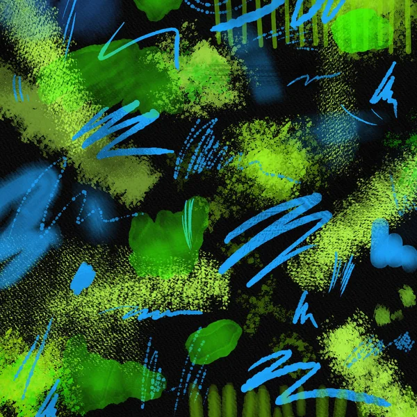 Patrón abstracto geométrico de dibujo a mano de los años 80 y 90 sobre fondo negro. patrón de pintura de pincel acuarela. Patrón abstracto para su diseño, tarjeta, impresión, decoración del hogar. Fondo negro, verde y azul para —  Fotos de Stock