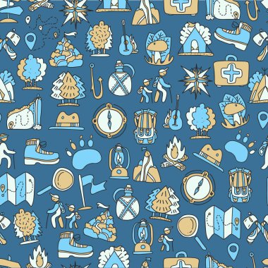 Yürüyüş ve doğa yürüyüşü seamless modeli seyahat. Sonsuz yinelenebilir arka plan-öğeleri kamp, tatil ve yaban hayatı hakkında seyahat karikatür ile. Woods, orman ve açık macera arka plan