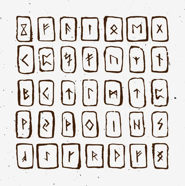 Set de runas escandinavas antiguas talladas en madera. Alfabeto rúnica, futhark. Antiguos símbolos ocultos, letras vikingas en blanco, fuente runa. Ilustración vectorial con textura ligera. Carta nórdica antigua . — Vector de stock