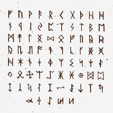Eski İskandinav İskandinav runes ayarlayın. Runik alfabesi, yazıda. Eski gizli semboller, beyaz, rune yazı Vikingler harfler. Vektör çizim hafif dokulu. Eski İskandinav mektup.