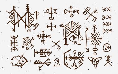 Yazıda İskandinav islandic ve viking runes ayarlayın. Sihirli el komut dosyası kullanan talismans semboller çizin. İzlanda'daki eski tılsımlar vektör kümesi. Galdrastafir, mistik erken Kuzey büyü belirtileri. Etnik İskandinav viking