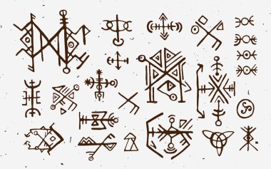 Futhark norse islandic and viking runes set. Magic hand draw symbols as scripted talismans. Vector set of ancient runes of Iceland. Galdrastafir, mystic signs of early North magic. Ethnic norse viking clipart