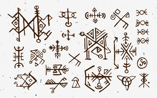 Yazıda İskandinav islandic ve viking runes ayarlayın. Sihirli el komut dosyası kullanan talismans semboller çizin. İzlanda'daki eski tılsımlar vektör kümesi. Galdrastafir, mistik erken Kuzey büyü belirtileri. Etnik İskandinav viking