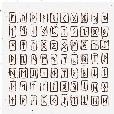 Eski İskandinav İskandinav runes içinde ahşap oyma ayarlayın. Runik alfabesi, yazıda. Eski gizli semboller, beyaz, rune yazı Vikingler harfler. Vektör çizim hafif dokulu. Eski İskandinav mektup.