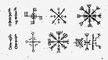 Yazıda İskandinav islandic ve viking runes ayarlayın. Sihirli el komut dosyası kullanan talismans semboller çizin. İzlanda'daki eski tılsımlar vektör kümesi. Galdrastafir, mistik erken Kuzey büyü belirtileri. Etnik İskandinav viking