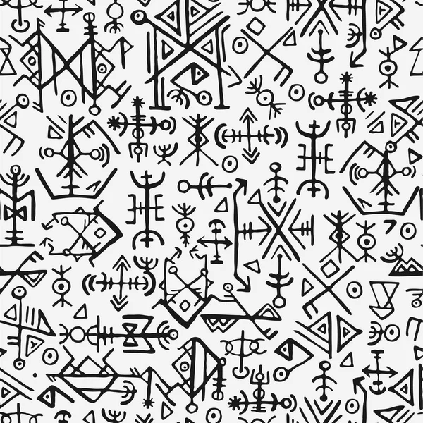 Futhark norse islandischen und Wikinger Symbol nahtlose Muster. Magic Hand zeichnen Symbole als skripted Talismans wiederholbaren Hintergrund. uraltes Island nahtlos. ethnische nordische Wikingermuster. — Stockvektor