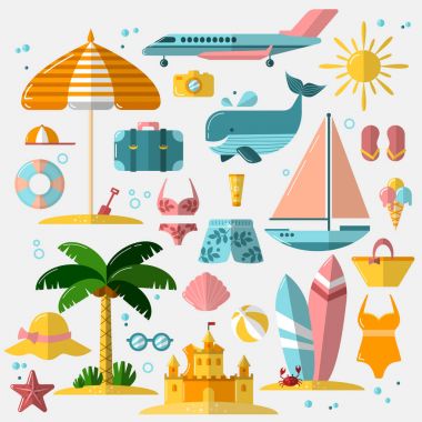 Yaz tatili, düz turizm ve tatil simgeler. Yaz tatil aksesuarları, düz Icon set vektör Illustration. Beach, seyahat ve tatil nesneleri web tasarımı için.