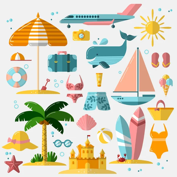 Vacaciones de verano, turismo y apartamentos de vacaciones iconos. Ilustración vectorial de accesorios de vacaciones de verano, conjunto de iconos planos. Objetos de playa, viajes y vacaciones para el diseño web . — Archivo Imágenes Vectoriales