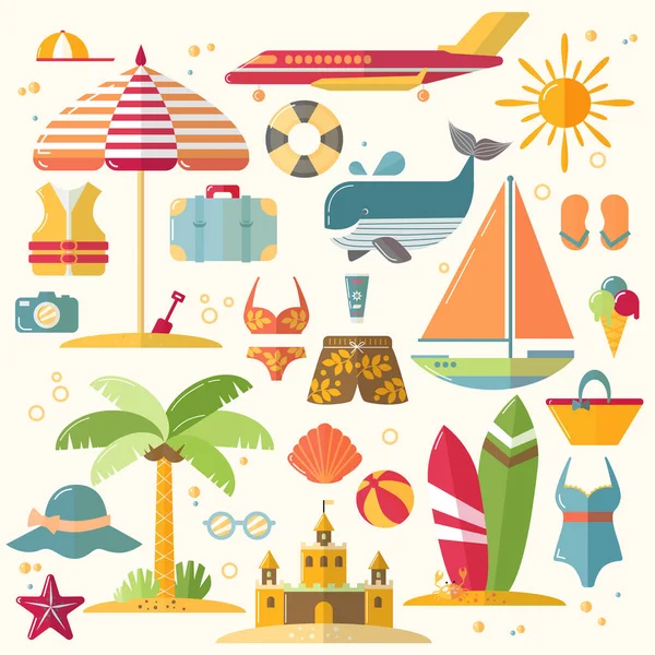 Yaz tatili, düz turizm ve tatil simgeler. Yaz tatil aksesuarları, düz Icon set vektör Illustration. Beach, seyahat ve tatil nesneleri web tasarımı için.
