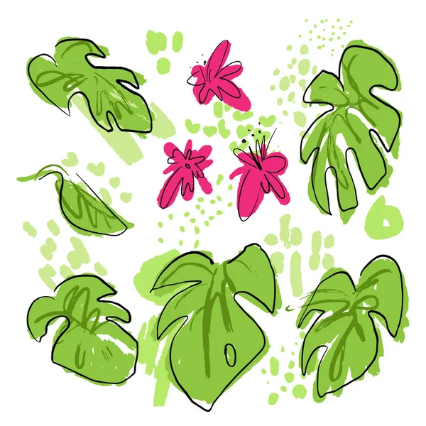 Tropische hand te tekenen vector collectie met monstera bladeren, palmen blad, roze tropische bloemen, gemengd met verf druppels en abstracte elementen op witte achtergrond. set van Tropische geschetste elementen — Stockvector