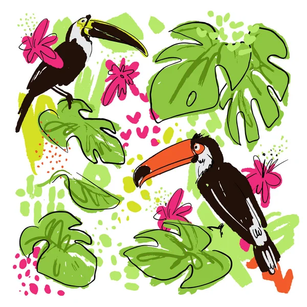 Tropical hand draw vector collection with monstera leaves, parrots - toucans, pink tropic flowers, mixed with paint drops and abstract elements on white background. set of Tropical sketched elements — Stock Vector