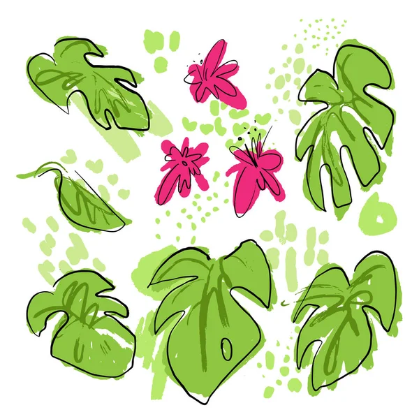 Tropische Vektor-Kollektion mit Monsterblättern, Palmenblättern, rosa tropischen Blüten, gemischt mit Farbtropfen und abstrakten Elementen auf weißem Hintergrund. Reihe von tropischen skizzierten Elementen — Stockvektor