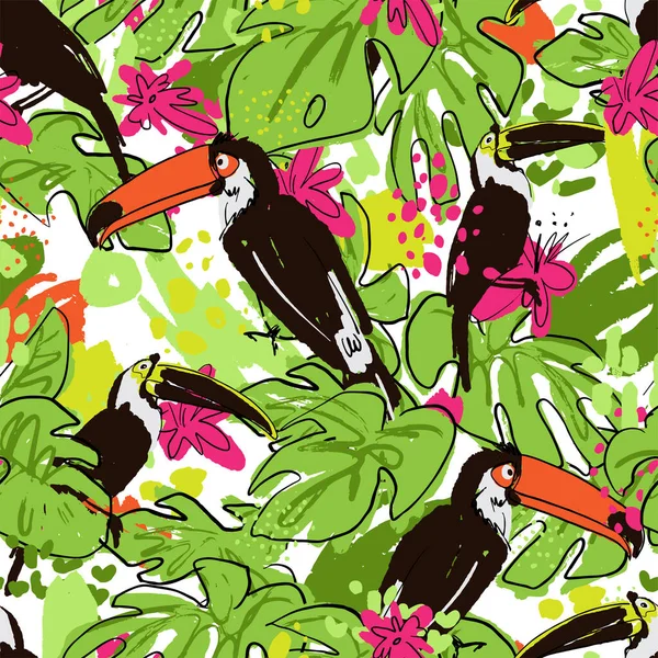 Tropical hand draw seamless pattern with monstera leaves, parrots - toucans, pink tropic flowers, mixed with paint drops and abstract elements on white background. Tropical hand draw seamless pattern — Stock Vector