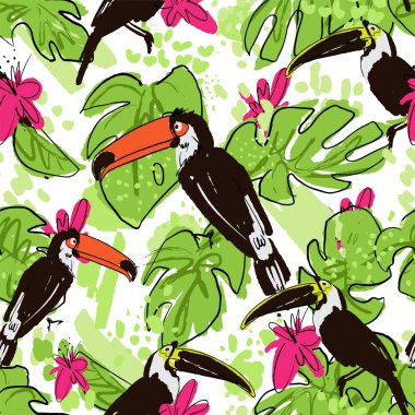 Tropikal el, canavar yaprakları, papağanlar, tukanlar, pembe tropik çiçekler, boya damlaları ve beyaz arka planda soyut elementlerle karıştırılmış kusursuz desenler çizer. Tropikal el kusursuz desen çizer