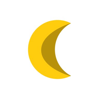 Hilal ayının vektör düz çizimi. Beyaz arka planda izole edilmiş hilal şeklindeki düz, minimalist bir simge. Çocuk kitapları ve çizimler için basit düz ve çizgi film simgesi