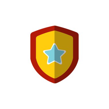 Beyaz zemin üzerinde yıldız amblemi olan vektör çizgi film düz bir kalkan çizimi. Kalkan ve Yıldız İşareti Simge Vektör Logo Şablonu Çizim Tasarımı