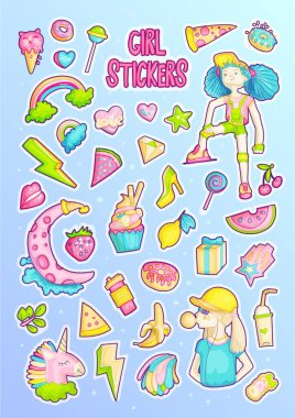 Cesur şirin moda prensesi çizgi film etiketi seti. Prenses sihri ve moda temalı şirin çıkartmalar - kalpler, ruj, kiraz, pizza ve gökkuşağı çıkartmaları. Genç moda prensesleri koleksiyonu -