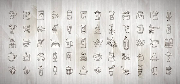 Vector set van koffie iconen op witte houten achtergrond. Handgetekende koffie icoon, vector doodle collectie. Ochtendkoffie, logo met cafe, bonen, bladeren, koffiepotten, kopjes en andere accessoires — Stockvector
