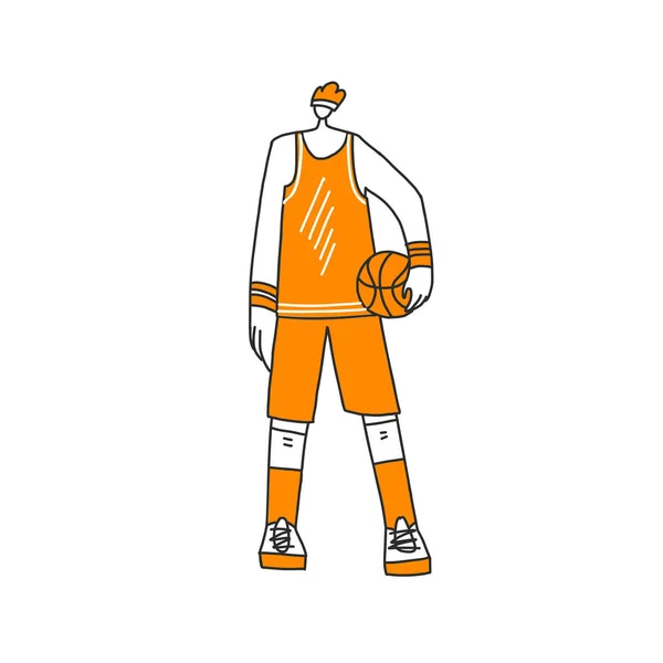 Vector lined illustration of sportsman in sport orange uniform, standing with basketball ball, isolated on white background. Professional basketball player illustration, hand drawn style — Stock Vector