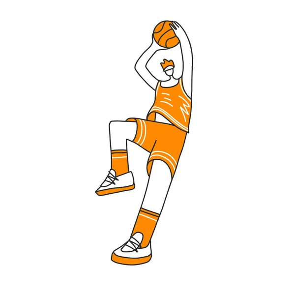 Vector hand drawn colored sketch illustration of professional basketball player, playing with basketball ball in dynamic pose, isolated on white. Hand draw vector illustration of professional basket — Stock Vector