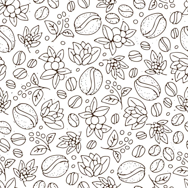Nahtloser Kaffee Hintergrund mit Zweig von Kaffee und Kaffeebohnen. handgezeichnete Illustration im Skizzenstil. Kaffeesamen, Bohne, Zusammensetzung von Bohnen und Kaffeeblättern, Samen auf einem Zweig im Muster mit — Stockvektor