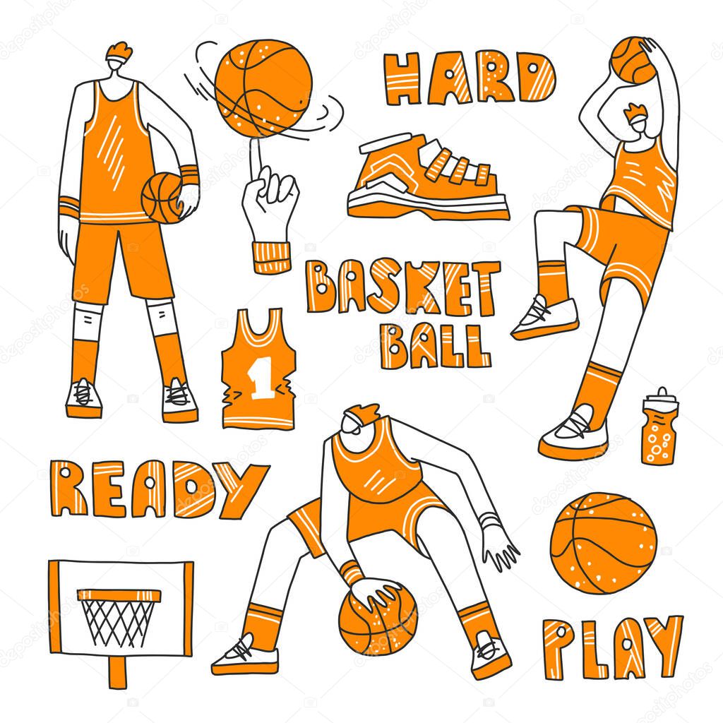 Vector lined set of basketball - basketball players, basket, ball, sneakers. Vector sport collection in modern doodle, hand draw and line style with orange color. Active sport set of basketball