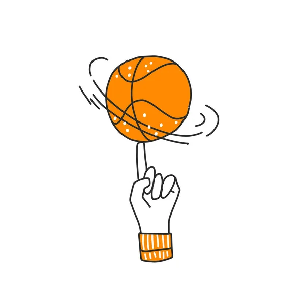 Vector hand draw illustration of basketball ball on a finger. Professional basketball game trick. Rotating basketball on a finger, vector sketch lined icon isolated on white — Stock Vector