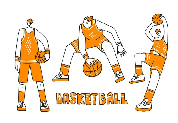 Coleção vetorial de doodle alinhado e desenho ilustração mão de jogadores de basquete. Homem jogando no basquete, jogando uma bola na cesta, jogando com bola e em pé stright. Profissional —  Vetores de Stock