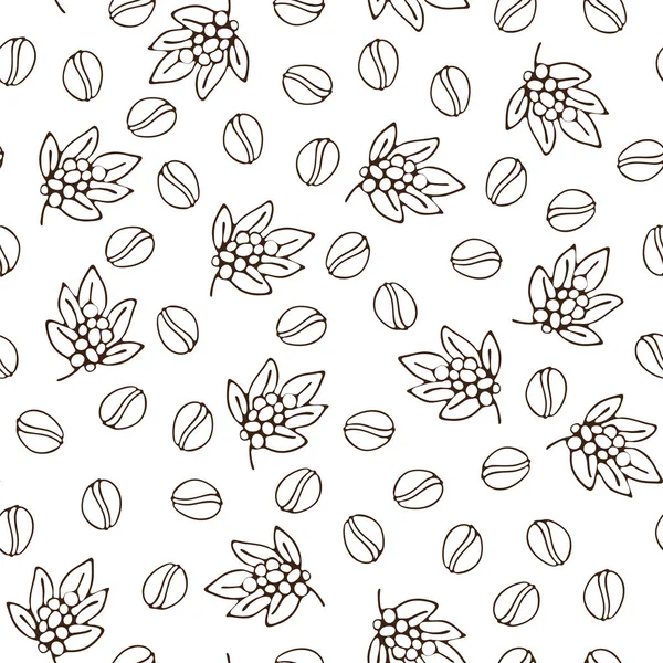 Seamless coffee background with branch of coffee and coffee beans. Hand drawn illustration in sketch style. Coffee seed, bean, composition of beans and coffee leaves, seeds on a branch in pattern with — Stock Vector