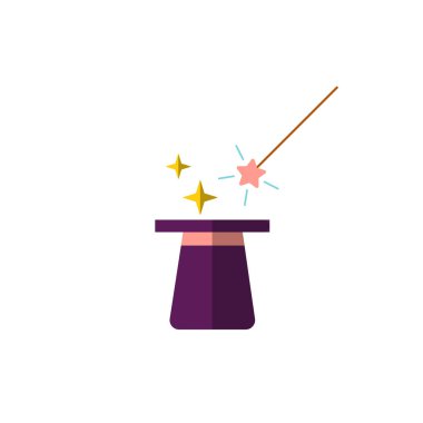 Vektör düz tasarım, sihirli değnekli sihirli siyah şapka tasviri ve beyaz arka planda izole edilmiş parlak ışık yıldızları. Abrakadabra konsepti, sihirbazlık performansı.