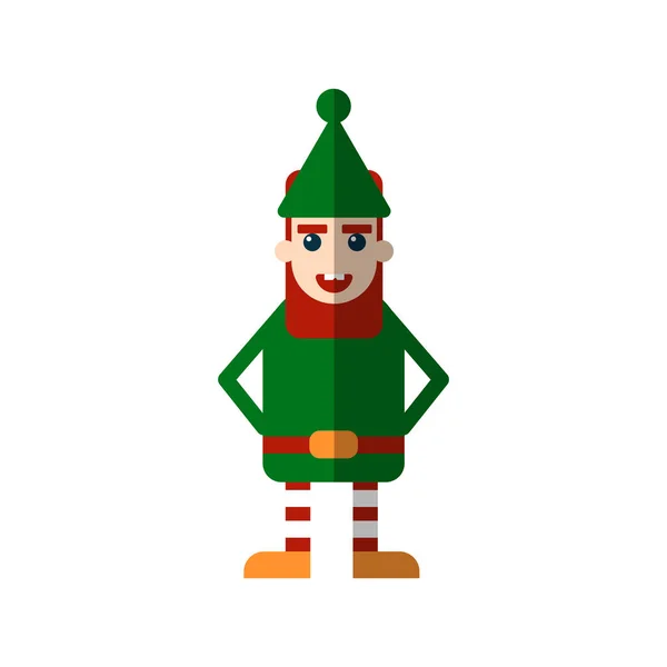 Chistmas elf vector flat illustration isolated on white background. Xmas selebration charachter - funny flat elf with red beard and green clothes with golden belt. Christmas character icon of elf. — Stock Vector