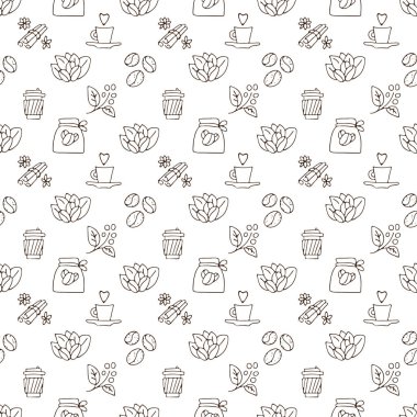 Vektör el kahve fincanı ve yapraklı kahve çekirdekleri çiziyor. Kahve pürüzsüz desenleri, beyaz arka planda kağıt kahve fincanları, eskiz desenli arka plan, pürüzsüz kahve deseni.