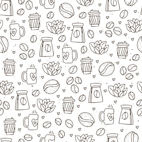 Vector seamless coffee pattern with coffee beans and leaves, sack of coffee seeds, cofe equipment. Hand draw cafe seamless pattern with light texture on white background — Stock Vector