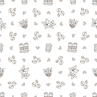 Vektör el kahve fincanı ve yapraklı kahve çekirdekleri çiziyor. Kahve pürüzsüz desenleri, beyaz arka planda kağıt kahve fincanları, eskiz desenli arka plan, pürüzsüz kahve deseni.